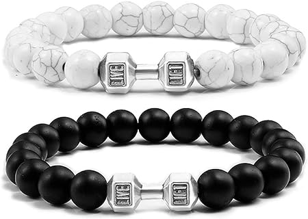 POYAMUSE Adult Fitness Inspiration Beaded Bracelet- Black and White Lava Rock Stones with Dumbbell Charm- Modern Metal Gym Jewelry 
