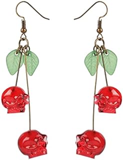 Nickel-Free Skull Cherry Dangle Earrings with Vibrant Red Resin Gems and Sturdy Brass 輕退Back Finding - Funky Halloween Inspired Design
