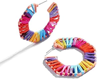 Women's Raffia Hoop Drop Earrings - Handmade Rainbow Design with Resin and Alloy Materials, Lightweight Summer Statement Accessory
