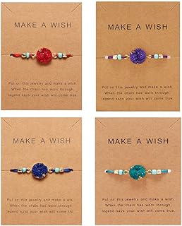 Druzy Gem Wish Bead Bracelets with Rope Chain in Vibrant Colors - Set of 4 Handmade Friendship Bracelets for Women and Girls