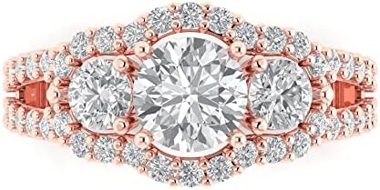 18K Rose Gold Round Cut Synthetic Moissanite Engagement Ring with Accents by Clara Pucci, Perfect for Anniversaries/Weddings - For Her - 3-Stone Design