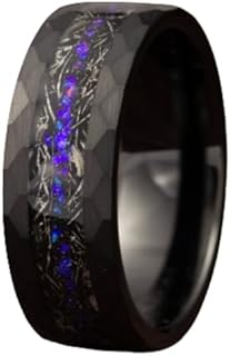 Durable Gentlemen's Black Tungsten Wedding Ring with Hammered Texture, Galaxy Opal & Meteorite Inlay | Ideal Size 7 | Includes Silicon Band, Walnut Box, Leather Pouch