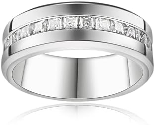 4.35cttw Moissanite Wedding Band Eternity Rings Princess Cut Men Moissanite Ring D Color VVS1 Lab Diamond Channel Set, Sterling Silver with 18K White Gold Plated Promise Ring for Him