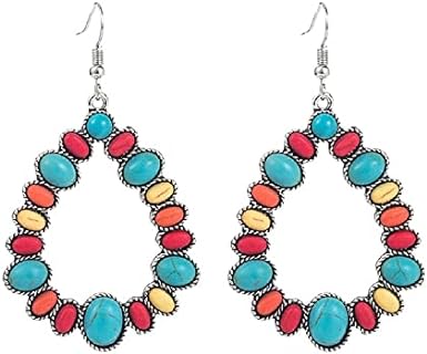 Bohemian Turquoise Geometric C Shape Drop Dangle Earrings Ethnic Hoop Colorful for Women Girls Statement Western Cowgirl Tribal Boho Jewelry