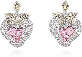 Whimsical Crystal Strawberry Clip-On Earrings with Pink Heart Design for Women - Zircon Adorned Fruit Statement Jewelry