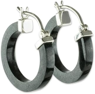 NOVICA Handmade Jade Hoop Earrings Guatemalan Black .925 Sterling Silver Gemstone [0.9 in L x 0.8 in W x 0.1 in D] 'Conexion in Black'