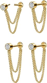 AoedeJ 2 Pairs Flat Back Stud Earrings Push In Flat Back Earrings for Cartilage Earring Chain Threadless Flat Back Earrings for Women