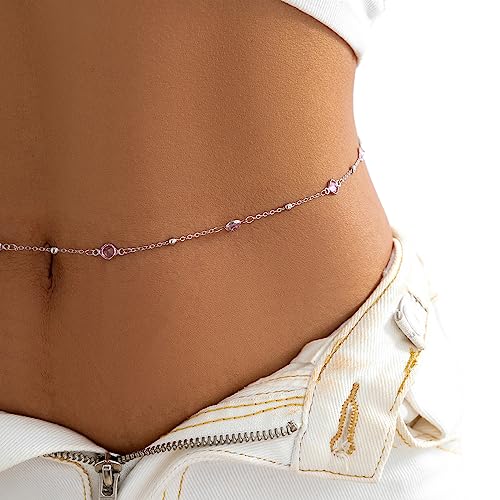 Boho Sexy Rhinestone Waist Chain for Women Summer Beach Crystal Beads Belly Body Chain Simple Bikini Rhinestone Festival Belts Rave Accessories Body Jewelry