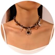Boho Sun Pendant and Brown Leather Crystal Collar Necklace with Silver Moon and Star, Cable Chain Design for Women and Girls