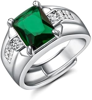Men's Emerald & Cubic Zirconia Signet Ring - White Gold Plated Brass, Adjustable Open Design, Hypoallergenic, Perfect For Daily Wear & Gift