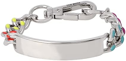 Steve Madden Silver ID Link Bracelet with Carabiner Clasp and Curb Chain for Men & Women