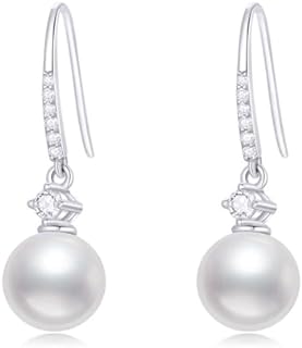 Elegant 10K White Gold Dangle Earrings with Created Moissanite and Freshwater Cultured Pearls, French Wire Back Finding, Perfect Gift for Women