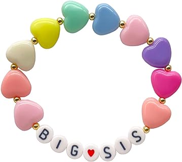 Pastel Rainbow 8mm Beads Big Little Sister Bracelet Acrylic Colorful Love Heart Beaded Big Sister Announcement Bracelet Best Christmas Halloween New Year's Gift for Girls Women Sister Jewelry