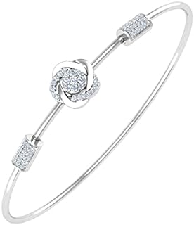 FINEROCK 1/5 Carat Diamond Floral Bangle Bracelet in 10K Gold and Steel