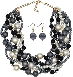 Multi Strand Crystal Rhinestone Pearl Statement Necklace for Women Choker Bib Collar Beaded Necklace Costume Jewelry Set