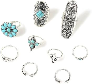 Caiyao Bohemian Turquoise Western Rings Set - Adjustable Alloy Metal Rings with Turquoise Stone - Vintage Summer Beach Style Stackable Rings for Women and Teen Girls