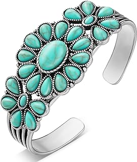 Bonuci Turquoise Bracelet Women Western Style Jewelry Turquoise Cuff Bracelet Adjustable Cluster Flower Silver Bracelet Turquoise Stone Bracelet for Women Girls Retro Party