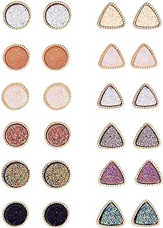 12 Pairs Druzy Women Girls 12mm Round Triangle Resin Cluster Stud Earrings Set Stainless Steel Pierced Gold Black Multicolor
