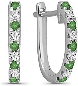 Hinged Post Sterling Silver Emerald and Diamond Hoop Earrings for Women - Classic Round Design