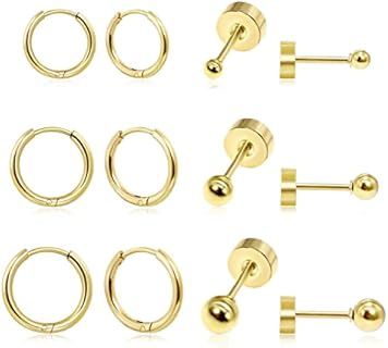 Dainty 6 Pairs Earrings Sets for Multiple Piercing, Lightweight 14K Gold Plated Small Huggie Hoop Earrings, Flat Back Tiny Ball CZ Stud Earrings for Cartilage, Helix, Lobe, Hypoallergenic