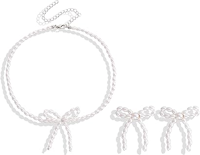 Frodete Pearl Bow Necklace Earrings Set for Women Pearl Beaded Choker Necklaces Bow Stud Earrings Valentines Day Gifts Wedding Party Jewelry Gifts for Girls