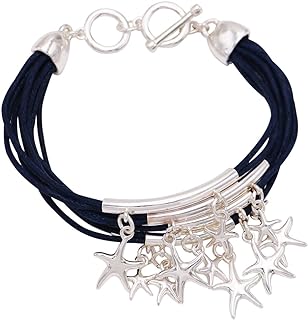 Rosemarie Collections Women's Ships Ahoy Nautical Starfish Charms Navy Corded Toggle Bracelet, 6.5"+1" Extender