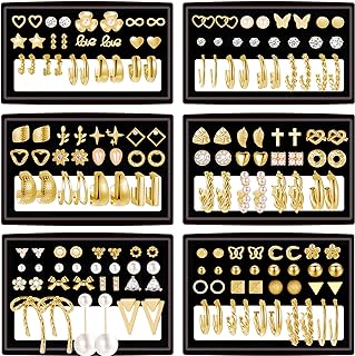82 Pairs Gold Stud Earrings for Women, Small Pearl Hoop Flatback Stud Earrings, Hypoallergenic Bow Earring Sets for Multiple Piercing