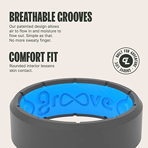 Edge Black/Black and Deep Stone Grey/Blue Silicone Ring Bundle - Breathable Rubber Wedding Rings for Men, Lifetime Coverage, Unique Design, Comfort Fit Ring - Size 8