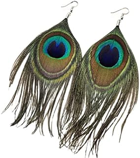 Peacock Earrings for Women, Peacock Feather Earrings for Girls, Bohemian Long Feather Dangle Earrings Hypoallergenic, Boho Feather Tassel Earrings, Sterling Silver, No Gemstone