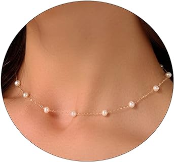 Adjustable Dainty Pearl Choker Necklace with Lobster Clasp and Cable Chain in Stainless Steel for Women - Gold Beaded Design