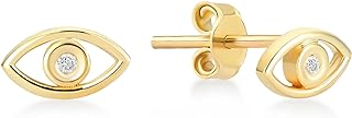 14k Yellow Gold Diamond Evil Eye Clip-On Stud Earrings for Women | Dainty Hamsa Protection Jewelry | Perfect Birthday Gift | Sophisticated & Allergy-Free Design
