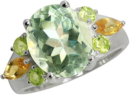 Silvershake 12x10mm Oval White Gold Plated Sterling Silver Ring with Peridot, Green Amethyst & Citrine Gemstones, Size 6