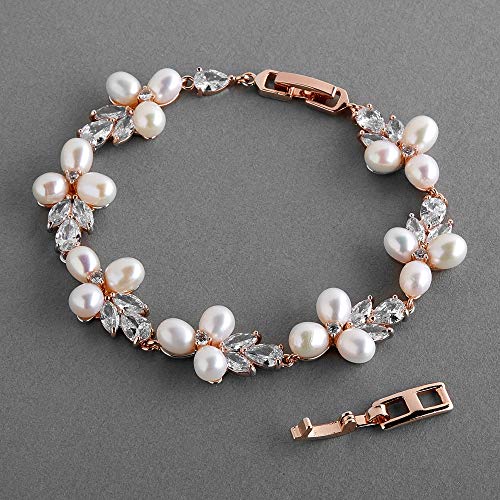 Freshwater Pearl Rose Gold Bridal Bracelet, 7 1/8" Plus 1/2" Extender, Wedding Jewelry for Women
