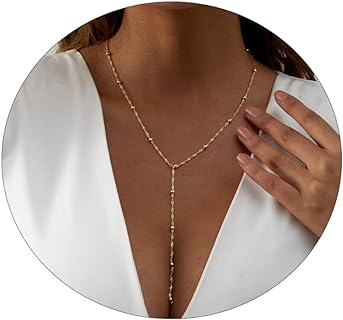 14K Gold Plated Beaded Rope Necklace with Adjustable Cubic Zirconia Lip Chain for Women and Teens, Long Drop Y & Lariat Design