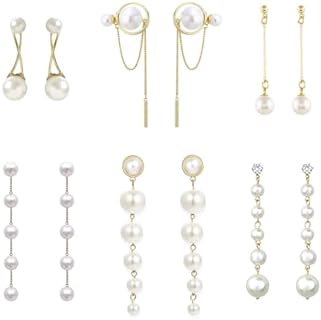 6 Pairs Gold Long Pearl Earrings Statement Pearl Drop Earrings for Women Big Simulated Pearl Handmade Fringe Dangle Pearls Earrings for Wedding Party Daily Simple