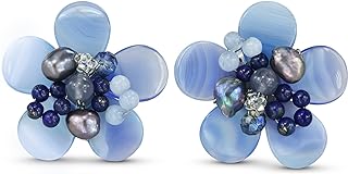 Aeravida Cute Tropical Flower in Blue Tones Agate, Crystal, and Pearl Clip-On Earrings | Elegant Chic Handmade Jewelry | Handmade Simulated Clip-On Jade Statement Earrings for Women