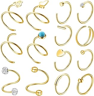 20G Nose Rings Hoops 14 Pcs Spiral Nose Rings Hoops, Double Hoop Female Male Universal.Nose Piercing Hoop Stainless Steel Surgical Steel Body Jewelry