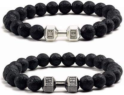 2PCS Dumbbell Bracelet for Man Gym Bracelet 8mm Lava Natural Stone Stretch Beads Bracelet with Dumbbell Weight Bracelet Fitness Barbell Bracelet for Men