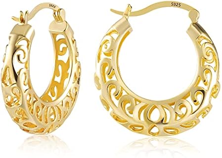 14K Gold Plated Sterling Silver Hoop Earrings for Women and Girls, Elegant Gold Filigree Hinged Hoop Design, Lightweight and Hypoallergenic