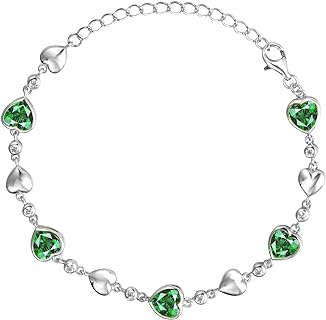 Carleen 925 Sterling Silver Emerald Bead Bracelet with Cable Chain and Lobster Claw Clasp, Heart Design, White-Gold-Plated for Women and Girls, 21cm with 1.2" Extender - Perfect Gift for Anniversaries and Birthdays