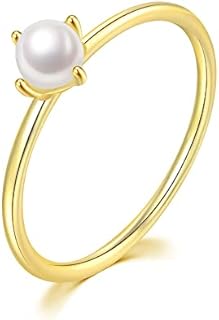 18K Gold Plated Pearl Rings for Women Mini Pearl Inlaid Thin Gold Plain Eternity Ring Handpick Freshwater Cultured Pearl Stackable Wedding Engagement Band Size 5-10