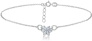 Sterling Silver Cubic Zirconia Flower Anklet with Rolo Chain and Spring Ring Clasp for Women