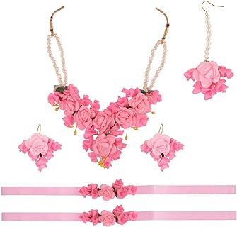 Lobster Clasp Beaded Flower Necklace for Women and Girls - Synthetic Fiber Indian Wedding Jewelry Set with Faux Pearls and Floral Design