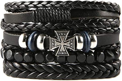 Adjustable Wooden Bead Cuff Bracelet 4 Pack - Unisex Stylish Woven Leather Wrist Accessory - Perfect for Men and Women, Unique Multilayer Design