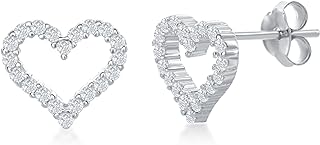 Sterling Silver Stud Earrings with Push Back - Open Heart Design Featuring Cubic Zirconia Gems - Available in Rose or Gold Tones