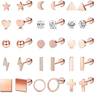 Push-Back Cubic Zirconia Adorned Stainless Steel Stud Earrings for Men and Women - Featuring Diverse Shapes and Designs: Star, Moon, Circle, Bar, Heart and Cross, Pack of 15 by ORAZIO