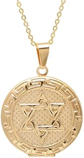 Stylish Stainless Steel Star of David Round Locket Pendant with Lobster Claw Clasp and Cable Chain in Yellow Gold Tone