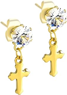 555Jewelry Delicate Small Sparkly Dangling Cross Stud Earrings for Women & Girls