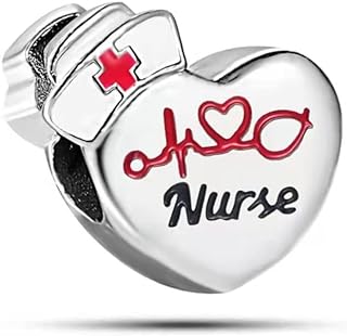 TGLS Heart Nurse Charm With Red Cross Nurse Cap Stethoscope Heartbeat Nursing Bead Compatible With Pandora Charms Bracelets
