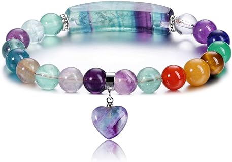 CrystalTears Chakra Healing Crystal Bracelet 8mm Natural Quartz Crystal Stone Bead Gemstone Bracelet Energy Heart Charm Anxiety Stretch Bracelet Jewellry for Her Women Girls Christmas Gift